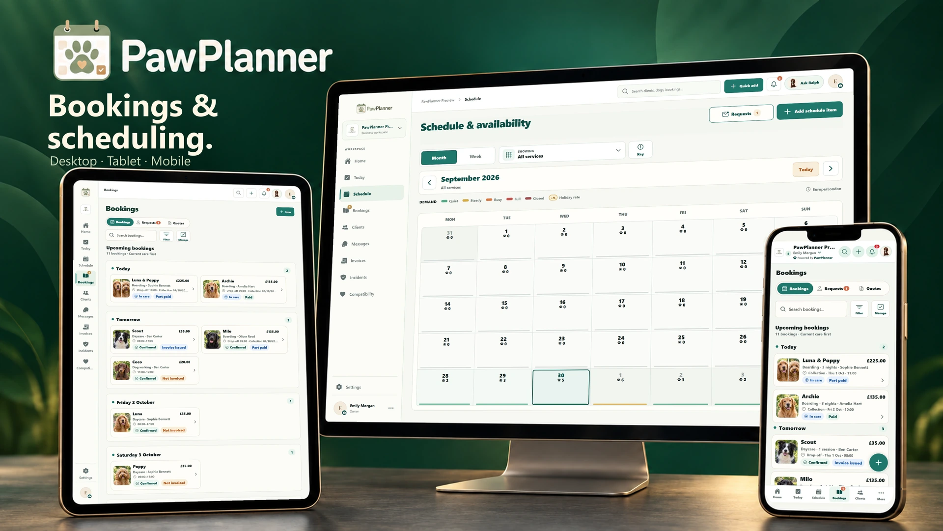 Bookings & scheduling in the actual PawPlanner app on desktop, tablet and mobile